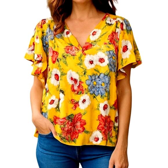 Umgee Large Yellow Floral Women's BOHO Sleeves Top Shirt Blouse Miss Size 12 14 - Picture 1 of 6